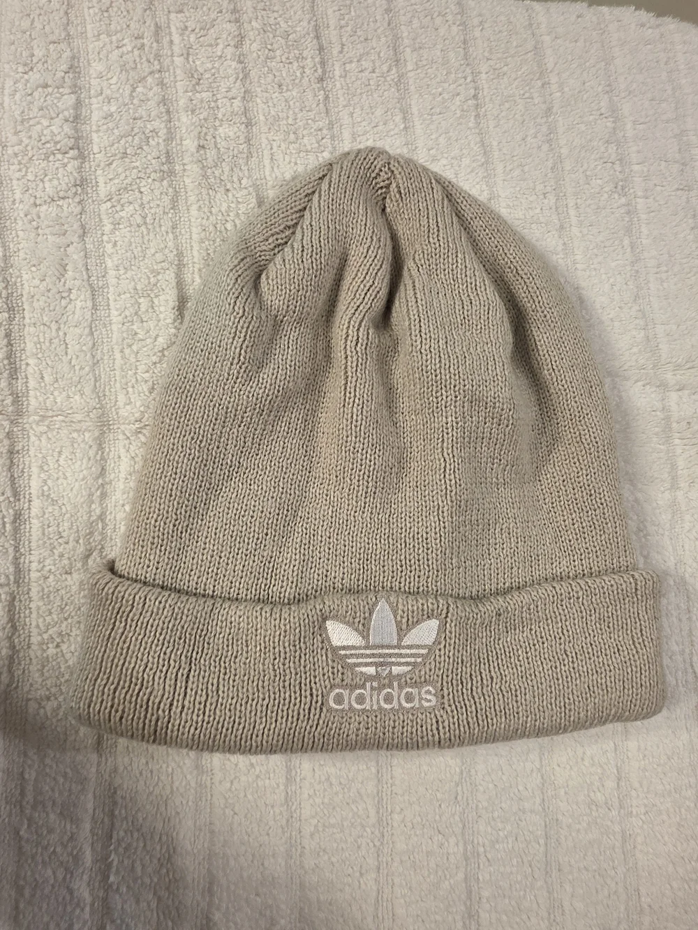 adidas Trefoil Knit Beanie in Light Beige